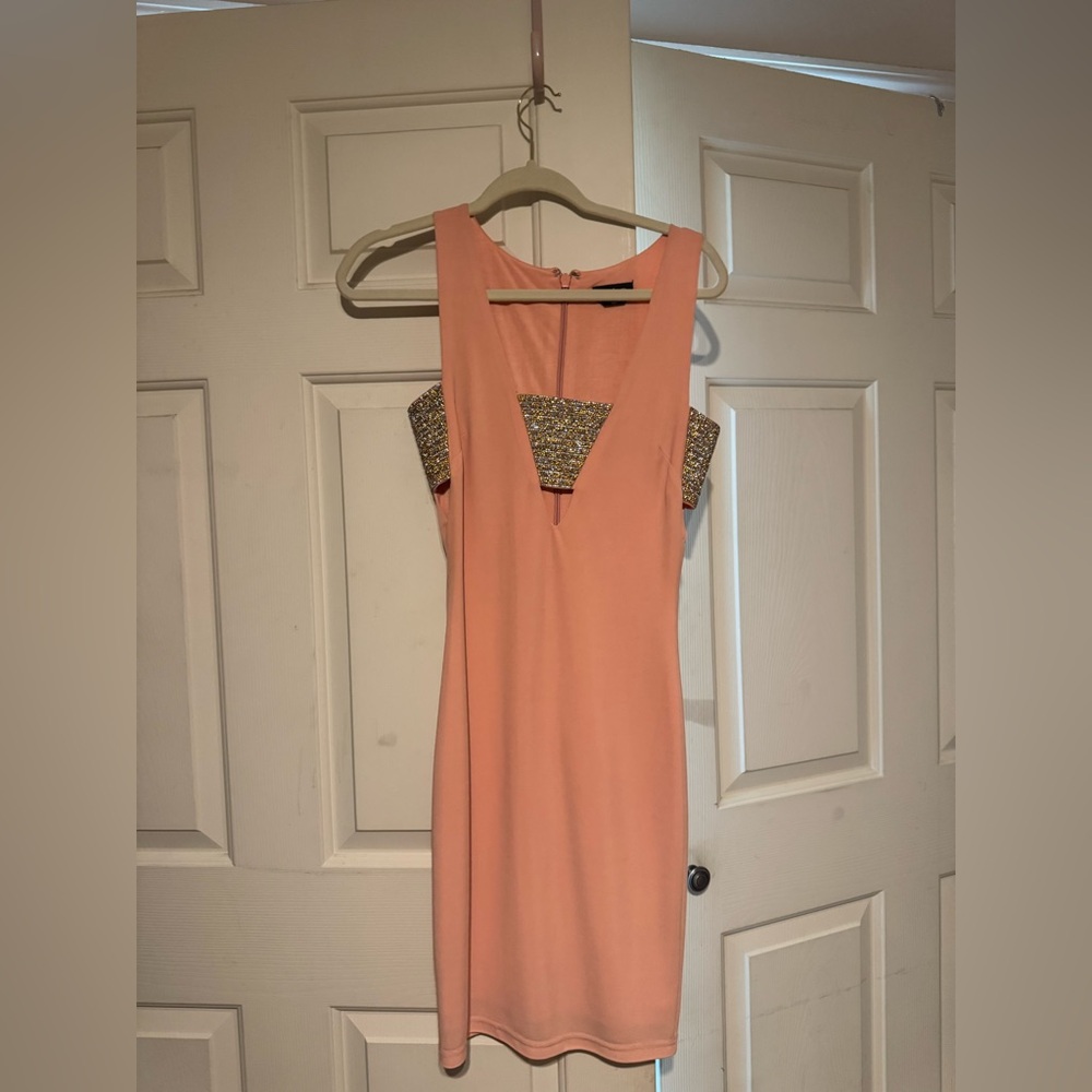 bebe Strapless Peach Dress with Gold Accents
